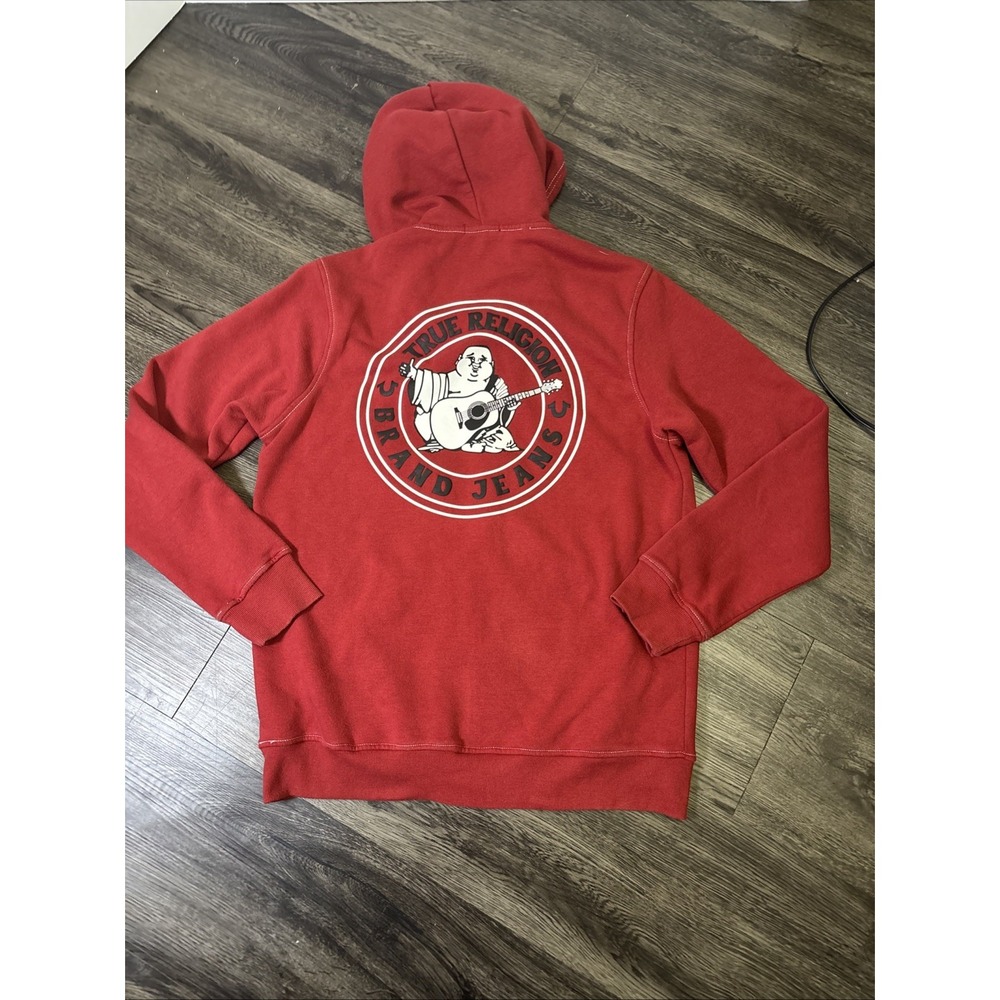 True Religion Hoodie Mens L Red Zip Graphic Buddha Logo